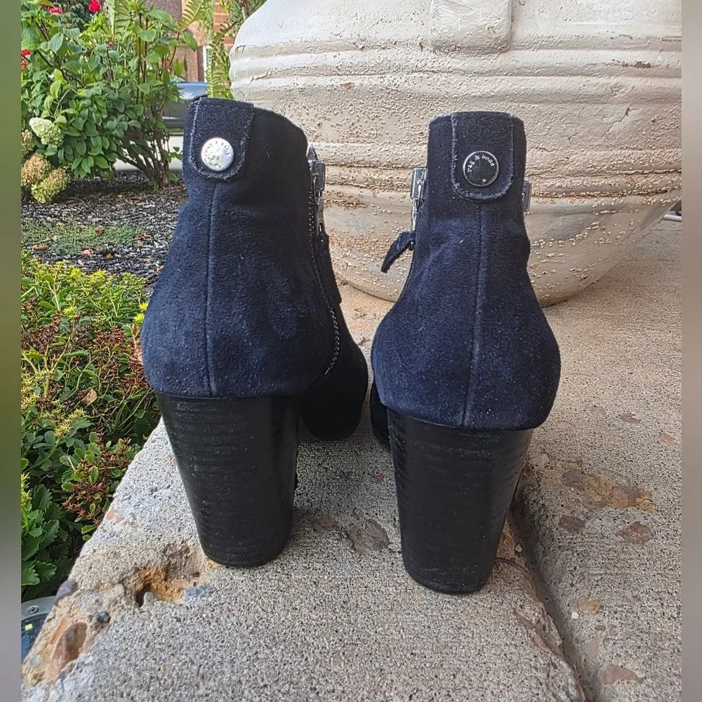 Rag & Bone Margot Suede Ankle Boots Block Heel Booties Navy Sz 39.5